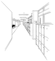 漫画風ペン画イラスト　学校廊下