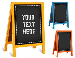 Sidewalk chalk board signs, three folding easels with brass chains, bright frames, blackboard background with copy space. EPS8 compatible.