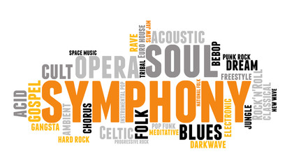 Obraz premium Symphony. Word cloud, type font, white background. Music concept.