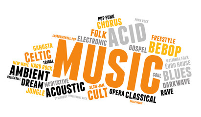 Music. Word cloud, type font, white background. Music concept.