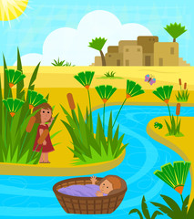 Baby Moses In Basket - Cute illustration of baby Moses on the Nile river with his sister watching over him from a distance. Eps10