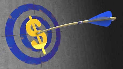 3d illustration of target on wall with blue arrow and dollar sign