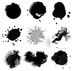 Collection of Black ink stain spot isolated on white background