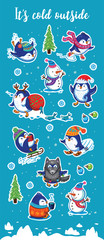 Snow sticker set with cartoon penguins, snowman and snowflakes