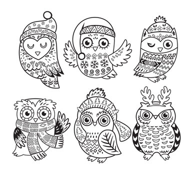 Vector outline set with Christmas owls