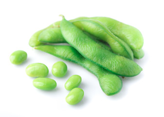 Green soybeans on white background, japanese food