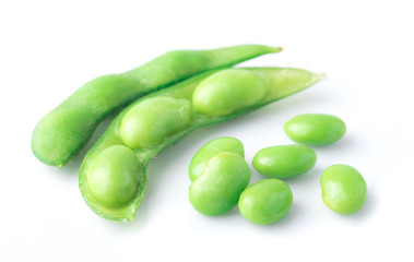Green soybeans on white background, japanese food