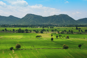 Landscape of countryside in Thailand with scenery of rice farm, mountain and small village