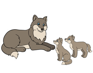 Naklejka premium Cartoon animals. Mother wolf with her little babies.