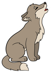 Cartoon animals. Little baby wolf sits and howls.