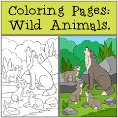 Coloring Pages: Wild Animals. Father wolf howls with his babies.