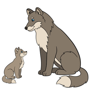 Cartoon animals. Father wolf with his cute baby wolf.