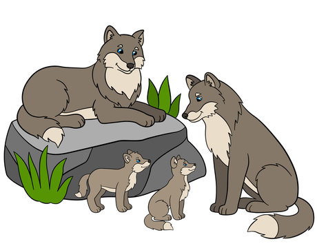 Cartoon animals. Mother and father wolves with their cute babies