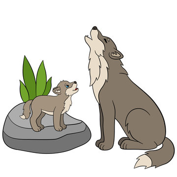 Cartoon animals. Father wolf howl with his little baby.