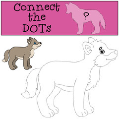 Educational game: Connect the dots. Little cute baby wolf smiles