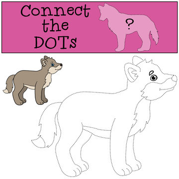Educational game: Connect the dots. Little cute baby wolf smiles