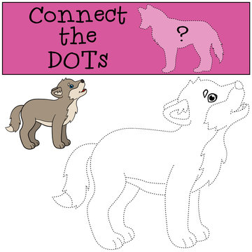 Educational game: Connect the dots. Little cute baby wolf howlin