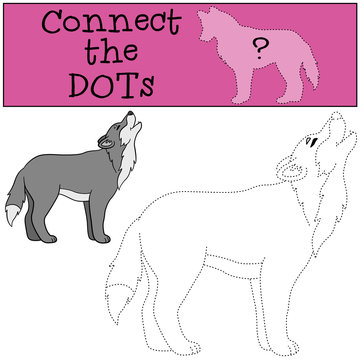 Educational game: Connect the dots. Cute beautiful wolf howling.