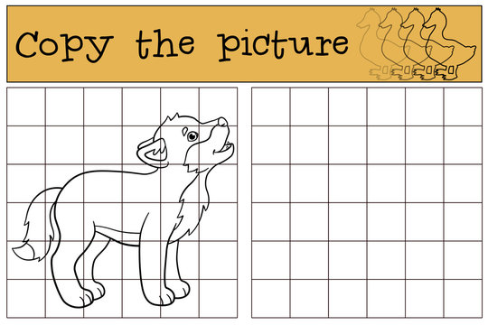 Educational game: Copy the picture. Little cute baby wolf howls.