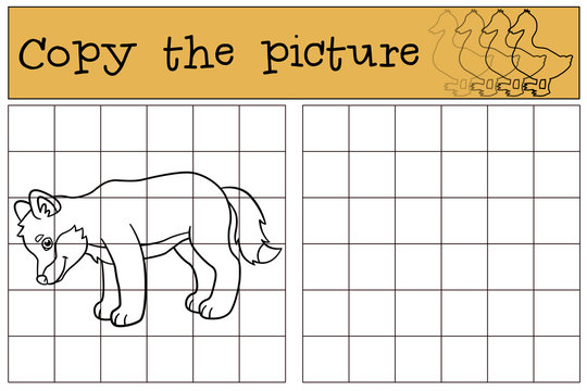 Educational game: Copy the picture. Little cute baby wolf smiles