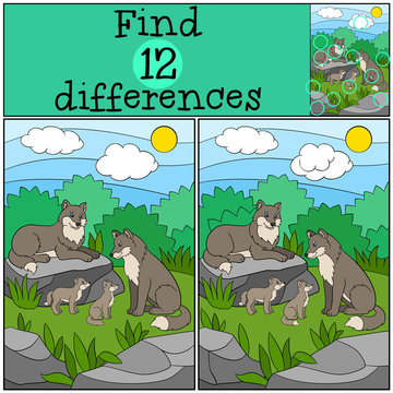Educational game: Find differences. Wolf family: mother, father