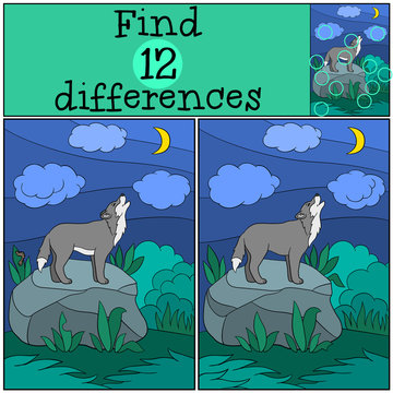 Educational game: Find differences. Cute beautiful wolf howling.