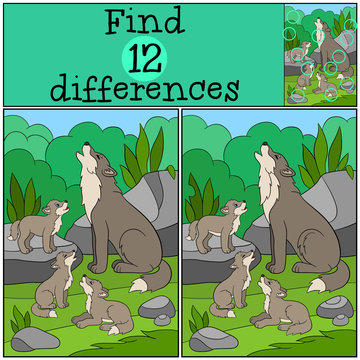 Educational game: Find differences. Father wolf howls with his b
