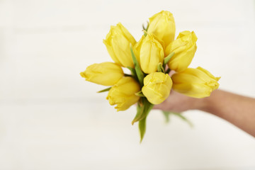 Human hand holding bunch of yellow tulips