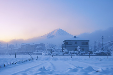 Fuji mountain at Kawaguchiko in Japan with the first snow fallen