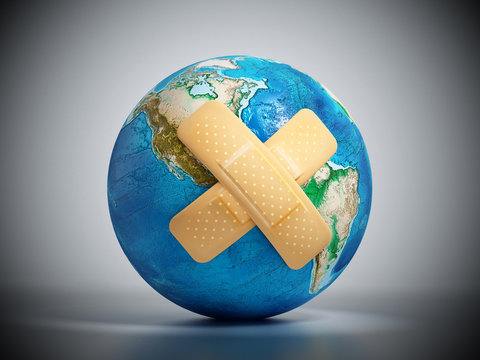 Crossed band-aids on Earth. 3D illustration