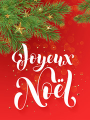 Fototapeta na wymiar French Merry Christmas greeting card Joyeux Noel decoration red background