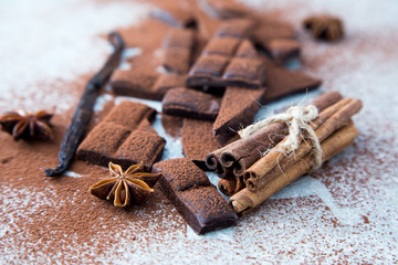 Chopped chocolate with cocoa, cinnamon and vanilla stick