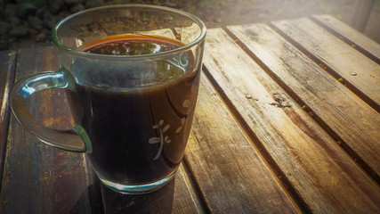 Morning coffee cup on wood table