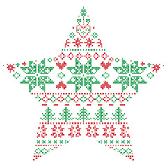 Scandinavian Nordic winter stitch, knitting  Christmas pattern in  in star  shape shape including snowflakes, Xmas tree, snow, star, decorative element, ornament in red and green
