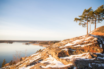 Finland, Helsinki, late autumn. Baltic sea, bay. Still water of the gulf, islands with forests. Low winter sun, dusk, pine trees on rock.  Scenic peaceful Finnish landscape.