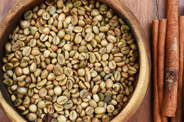 coffee beans with cinnamon sticks for background