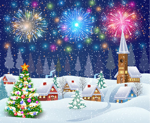 Fototapeta na wymiar house in snowy Christmas landscape at night
