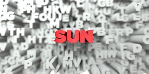 SUN -  Red text on typography background - 3D rendered royalty free stock image. This image can be used for an online website banner ad or a print postcard.
