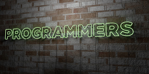 PROGRAMMERS - Glowing Neon Sign on stonework wall - 3D rendered royalty free stock illustration.  Can be used for online banner ads and direct mailers..