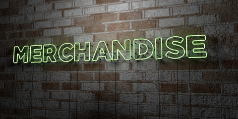 Fototapeta premium MERCHANDISE - Glowing Neon Sign on stonework wall - 3D rendered royalty free stock illustration. Can be used for online banner ads and direct mailers..