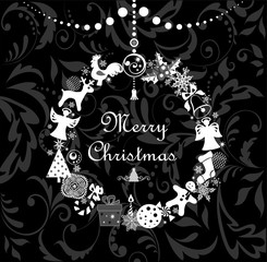 Black and white greeting cartoon with funny christmas wreath
