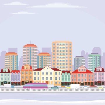 The image of a winter city. Snow-covered streets with small old houses and high-rise buildings in the background. Vector illustration