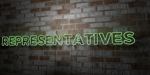 REPRESENTATIVES - Glowing Neon Sign on stonework wall - 3D rendered royalty free stock illustration.  Can be used for online banner ads and direct mailers..