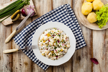 Traditional German potato salad with cucumber, onion and mayonna