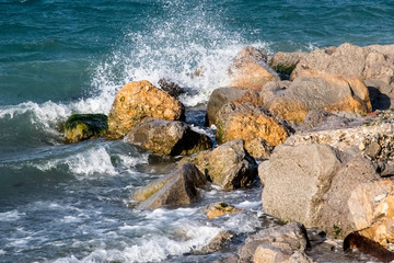 Waves of Black sea hits the rocks. Gelendzhik. Russia.
