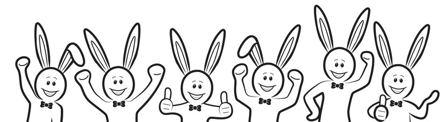 Gruppe aus sechs schwarz-weißen Strichmännchen-Osterhasen / gezeichnet, handgezeichnet, Zeichnung, Kontur, Design, Vektor
