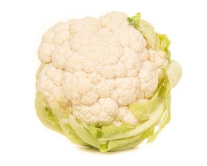 Cauliflower with leaves on a white background