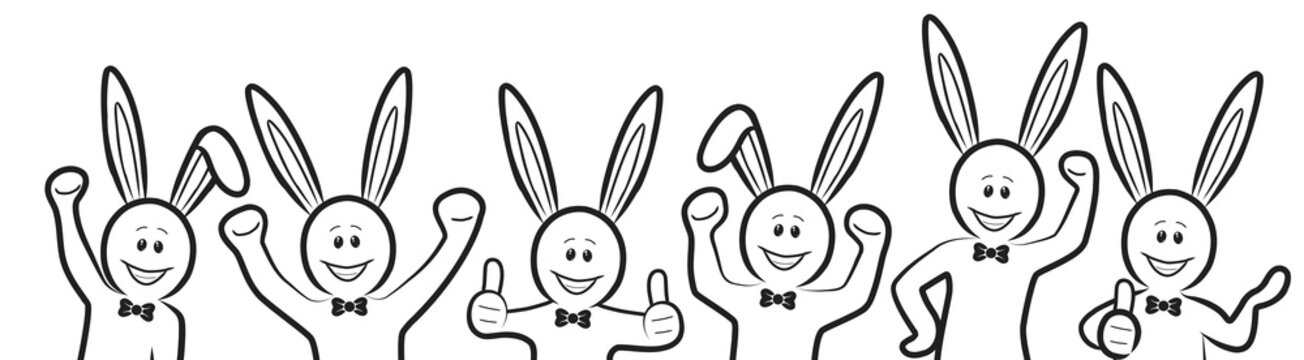 Gruppe aus sechs schwarz-wei&szlig;en Strichm&auml;nnchen-Osterhasen / gezeichnet, handgezeichnet, Zeichnung, Kontur, Design, Vektor