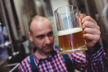 Worker examining beer in mug