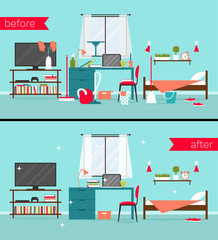 Vector illustration of dirty and clean bedrooms with cleaning tools